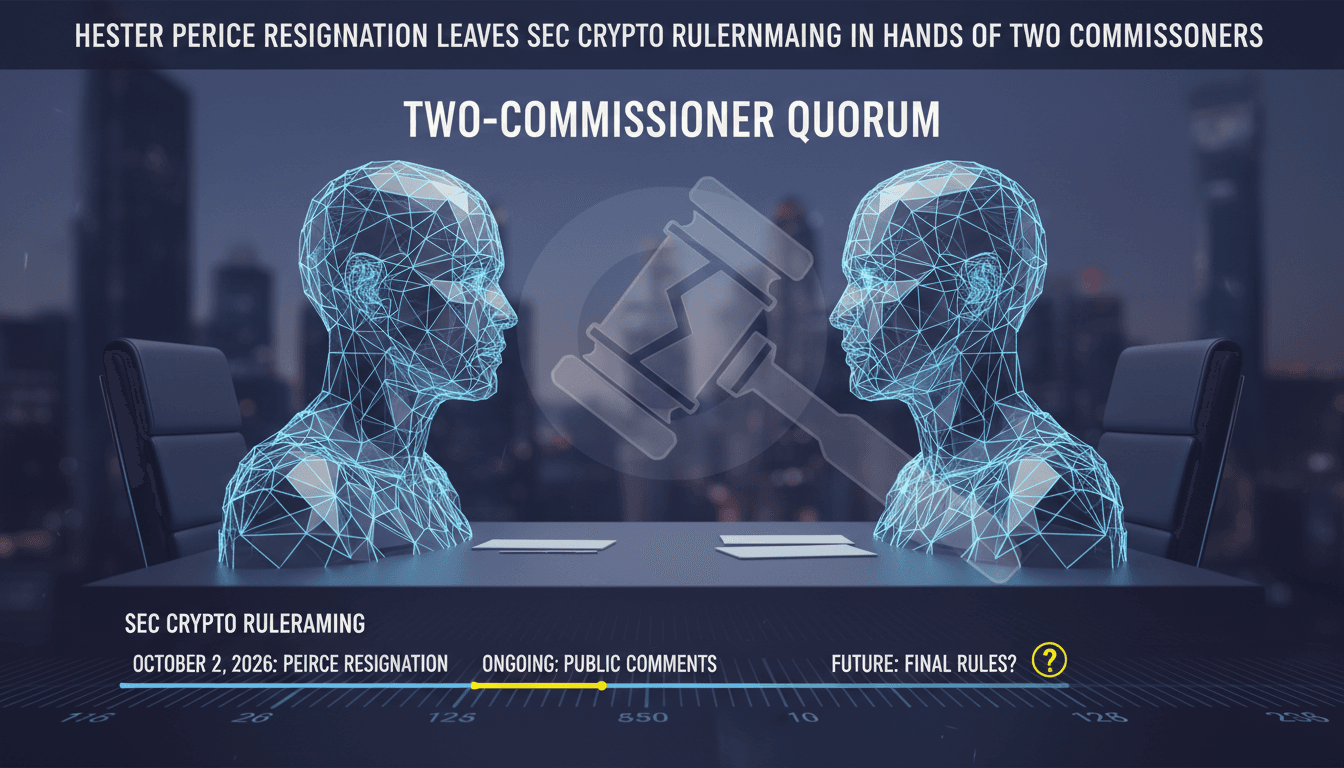 A graphic illustrating Hester Peirce's departure from the SEC and its impact on crypto regulations.