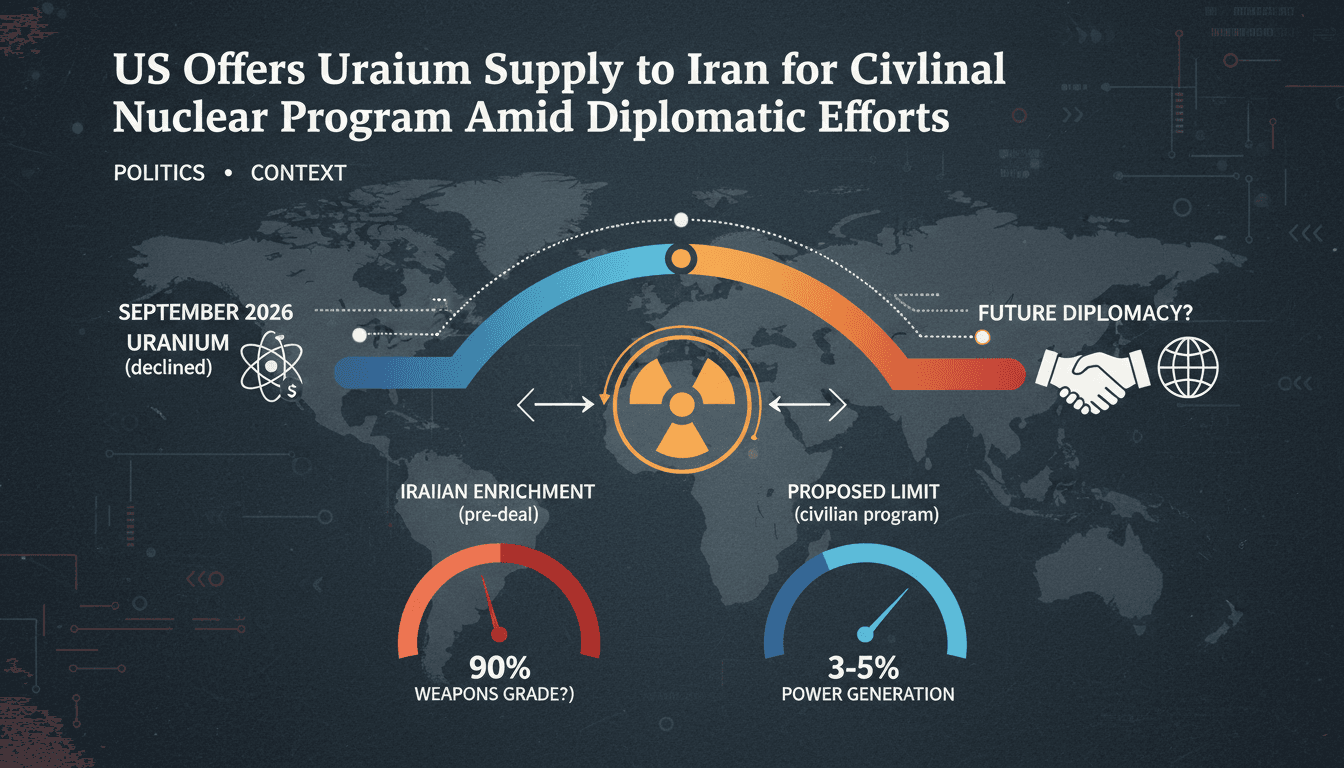 Infographic detailing the US offer of uranium to Iran for civilian nuclear use and its implications.