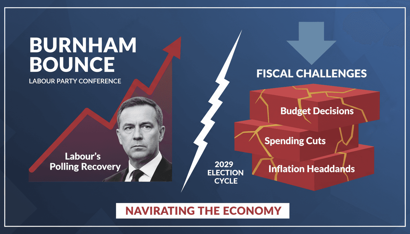 Infographic depicting Labour's polling recovery and fiscal challenges at the 2026 conference.