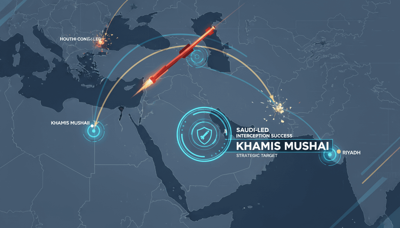 Infographic showing the interception of Houthi missiles and drones targeting Khamis Mushait, emphasizing regional security.