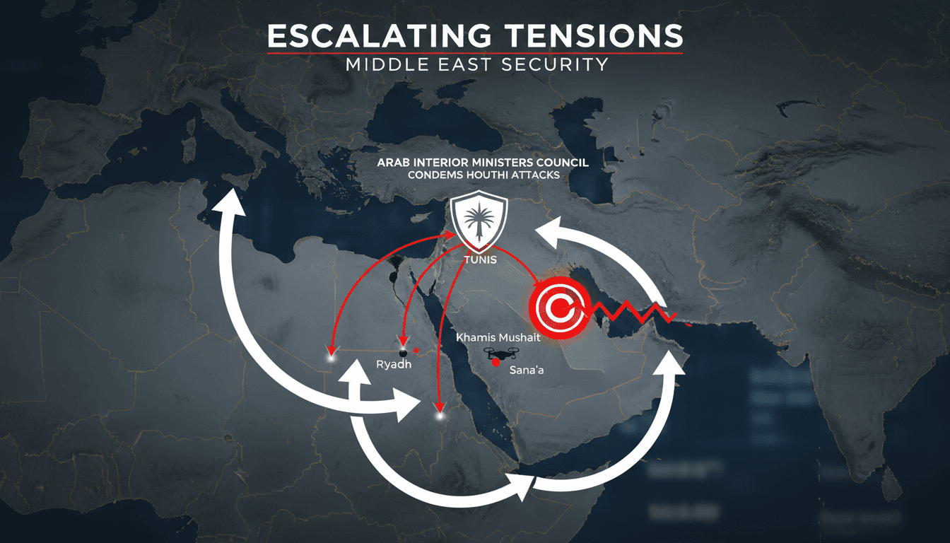 Map showing Houthi missile attack locations in Saudi Arabia and the Arab Interior Ministers Council headquarters.