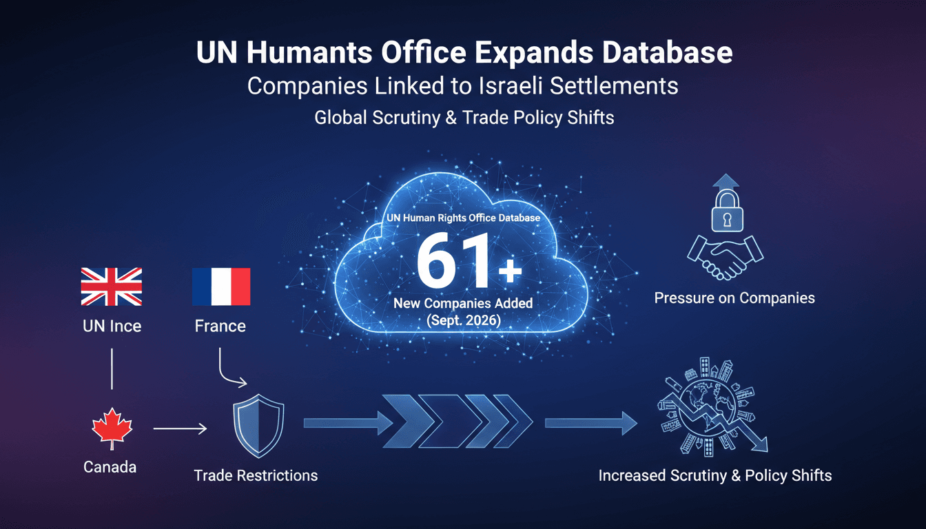 Infographic showing the expansion of the UN database of companies linked to Israeli settlements and its implications.