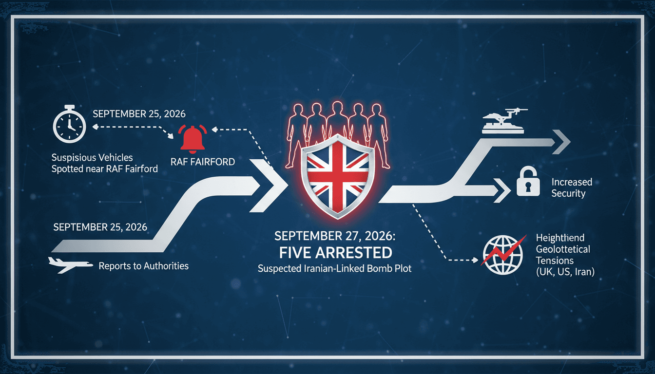 Infographic detailing the timeline of the suspected Iranian bomb plot at RAF Fairford, highlighting key events and arrests.