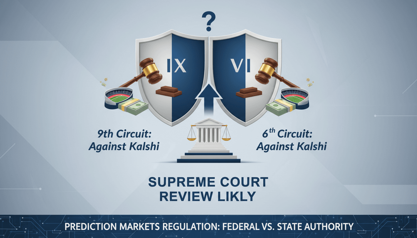 An infographic showing the circuit split in Kalshi's legal case and its implications for prediction markets.