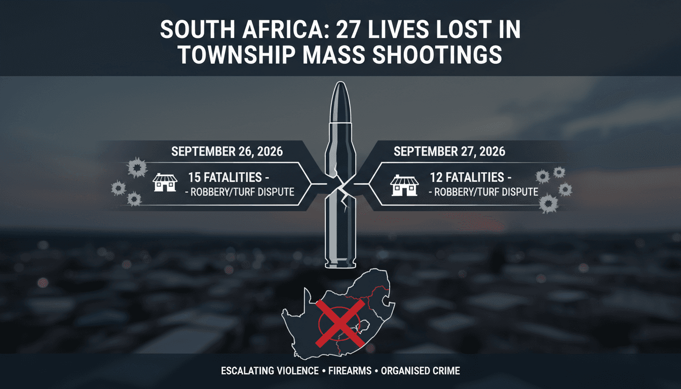 A graphic depicting the aftermath of mass shootings in South Africa, focusing on the impact of violent crime.