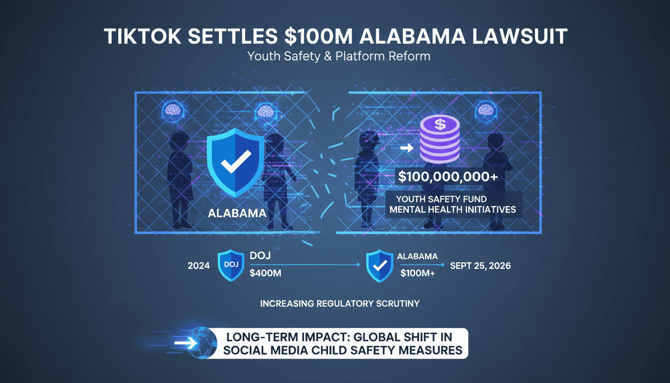 Infographic showing TikTok's $100 million settlement details and implications for youth safety.