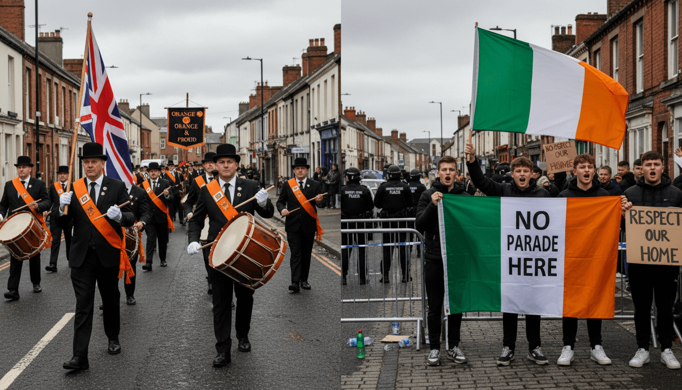 Protesters and marchers clash during the Drumcree march in Northern Ireland, highlighting sectarian tensions.