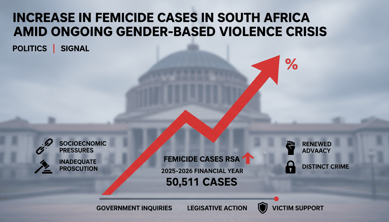 Infographic showing rising femicide rates in South Africa with socioeconomic indicators.
