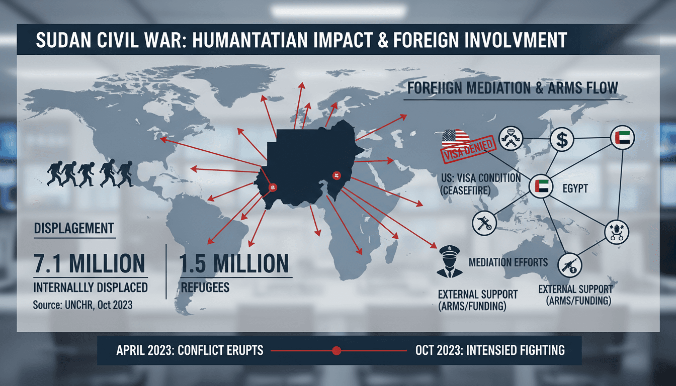 Infographic showing the humanitarian impact of the Sudan civil war, including displacement figures and foreign involvement.