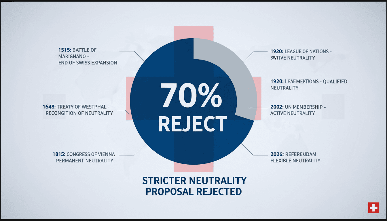 Infographic showing Swiss voters' rejection of stricter neutrality proposal with historical context.