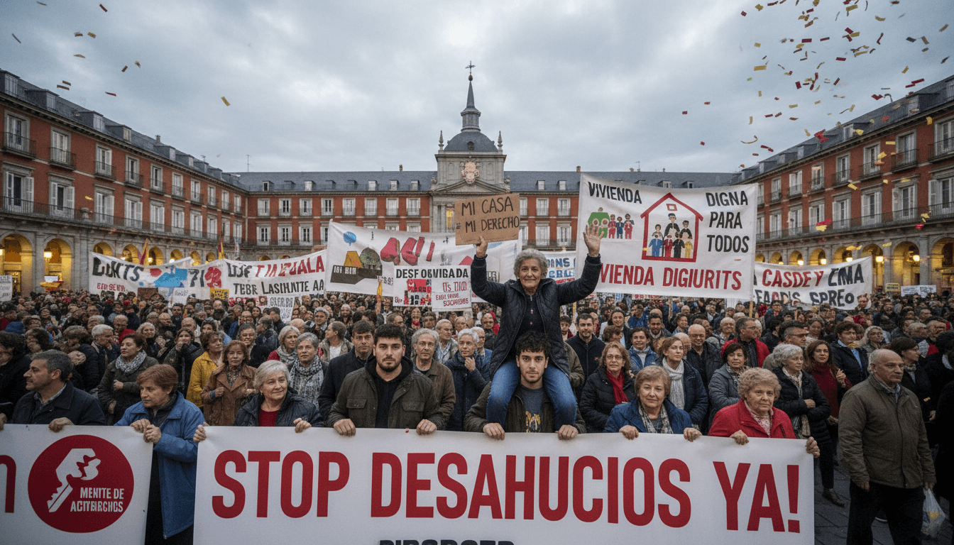 Protesters in Madrid advocating for tenant rights during Spain's housing crisis.