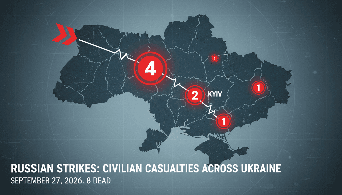 Map showing regions in Ukraine affected by Russian strikes, highlighting civilian casualties and military actions.
