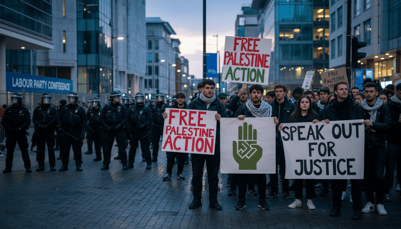 Protesters at the Liverpool rally holding banners in support of Palestine Action, highlighting tensions with police.