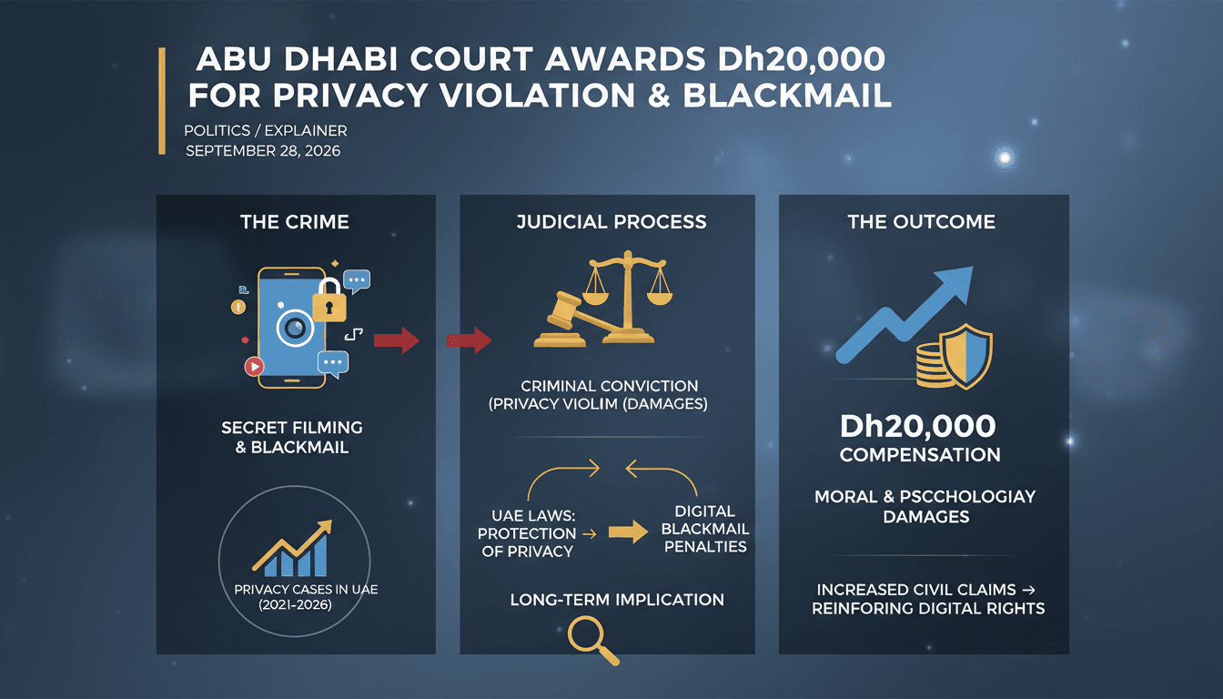 Infographic showing the legal process and outcomes of privacy violation cases in Abu Dhabi, focusing on emotional damages.