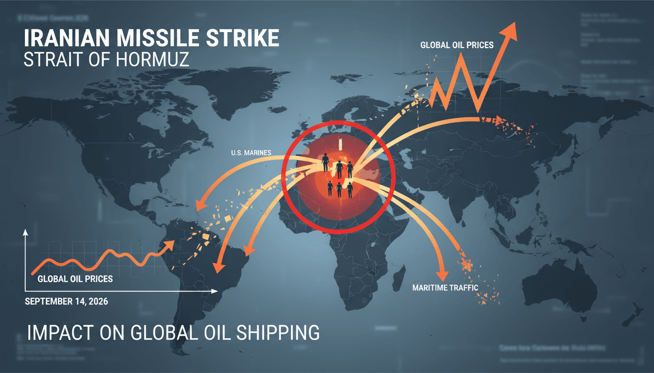 Map of the Strait of Hormuz highlighting the location of the Iranian missile strike on a maritime vessel.