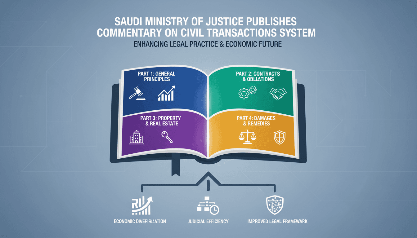 Infographic showing the four parts of Saudi Arabia's Civil Transactions System commentary and its implications for legal practice.