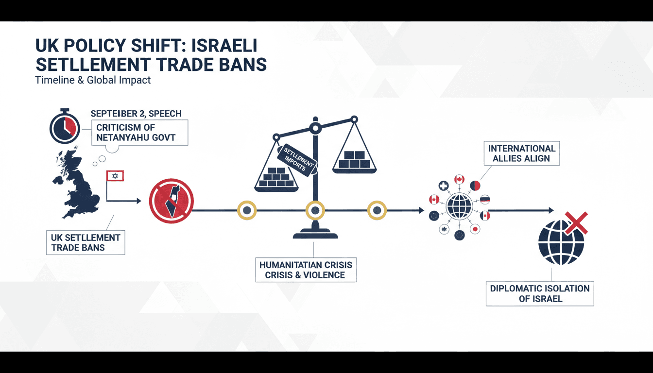 Infographic showing the UK’s new trade policies on Israeli settlements and their implications.