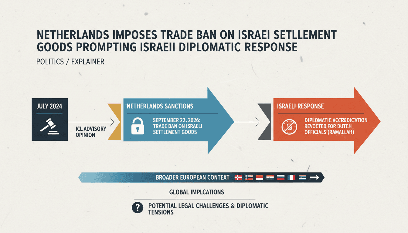 Infographic showing the timeline of the Netherlands' ban on Israeli settlement goods and Israel's diplomatic responses.