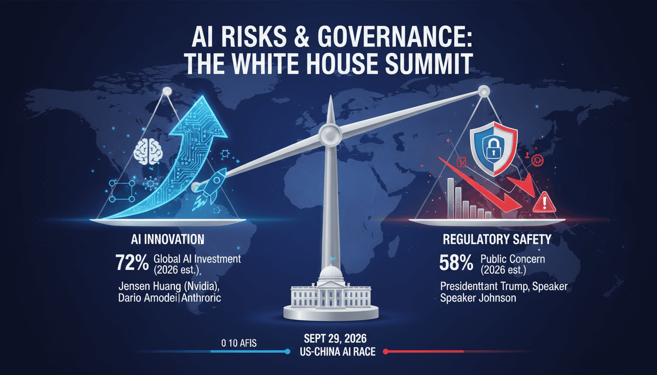 Infographic showing the balance between AI innovation and safety measures, featuring key stakeholders and statistics.