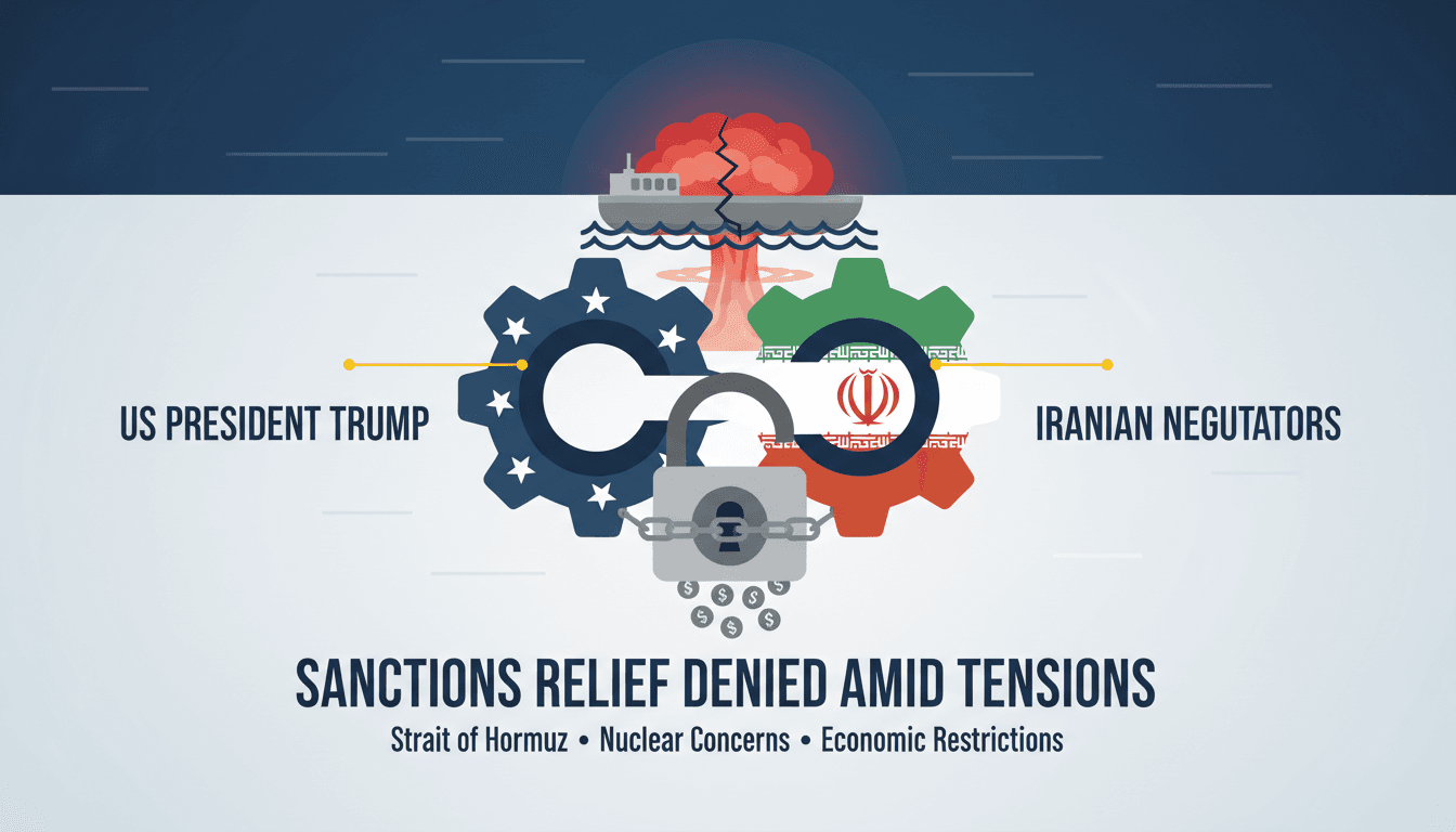 Infographic showing key players and stakes in the US-Iran negotiations, highlighting Trump's denial of sanctions relief.
