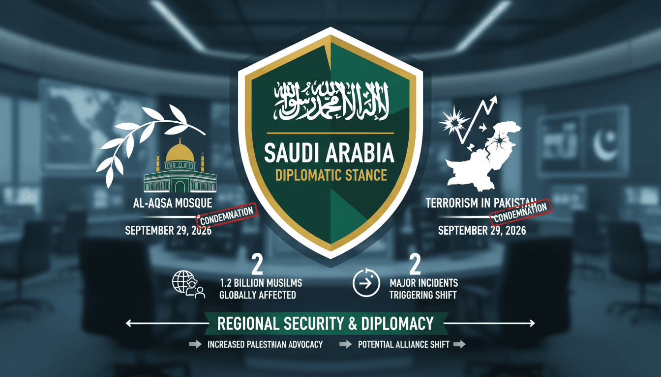 Infographic showing Saudi Arabia's condemnation of Israeli actions at Al-Aqsa Mosque and the impact on regional security.