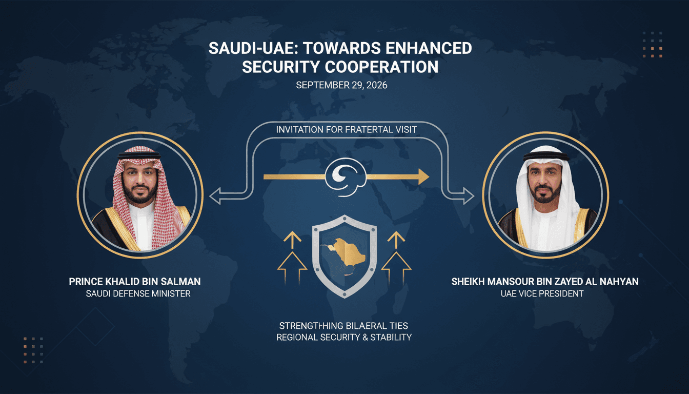 Saudi Defense Minister Prince Khalid bin Salman and UAE Vice President Sheikh Mansour bin Zayed Al Nahyan during a diplomatic visit.