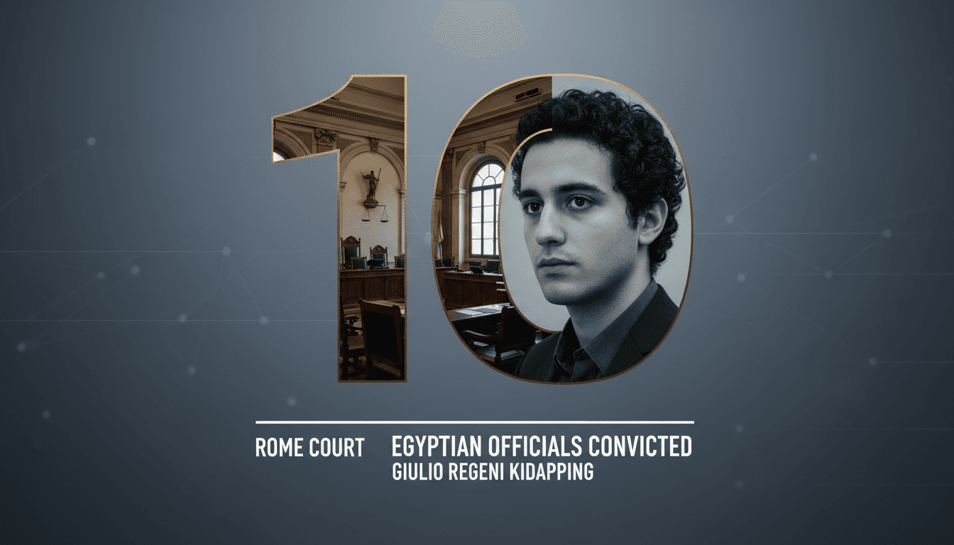 A graphic showing the number "10" with court imagery, highlighting the sentencing of Egyptian officials in the Giulio Regeni case.