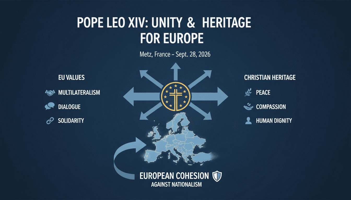 Pope Leo XIV addressing leaders in Metz, France, emphasizing EU values and Christian roots.