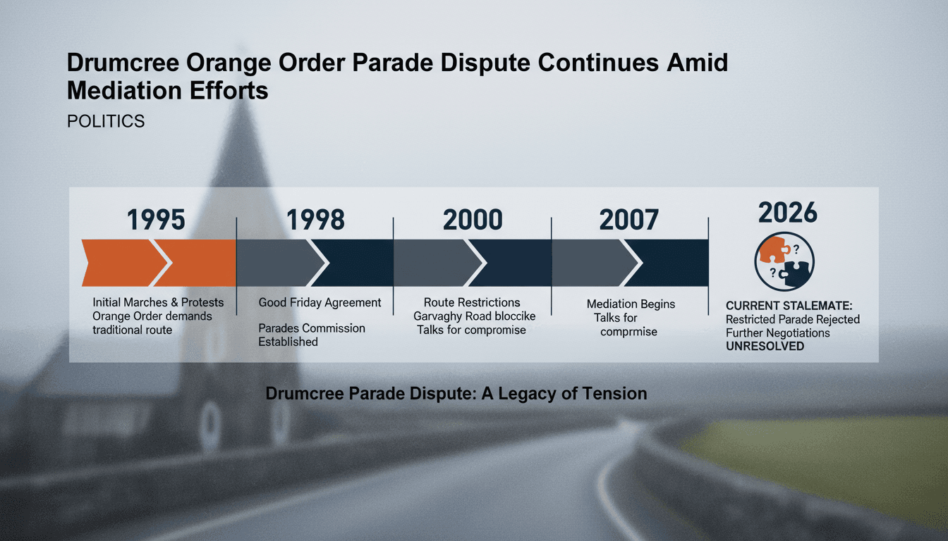 A timeline graphic illustrating the Drumcree Orange Order parade dispute and its key events.