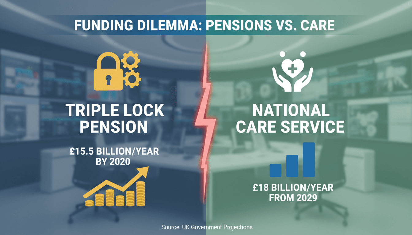 Infographic showing the financial implications of UK pension reform and care service funding.