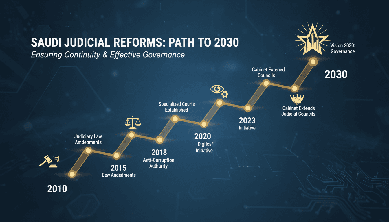 Infographic illustrating Saudi Arabia's judicial reforms and Vision 2030 initiatives.