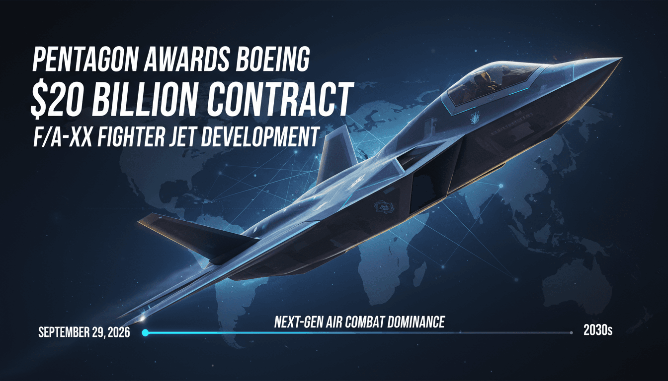 A sleek image of the F/A-XX fighter jet with details of the $20 billion Pentagon contract.