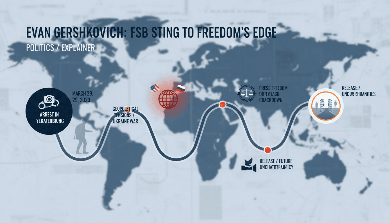 Timeline of Evan Gershkovich's arrest and release, highlighting geopolitical tensions and press freedom issues.