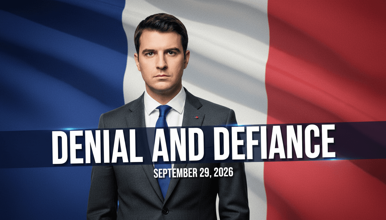 Jordan Bardella speaking at a podium, denying antisemitic remarks, with the French flag in the background.