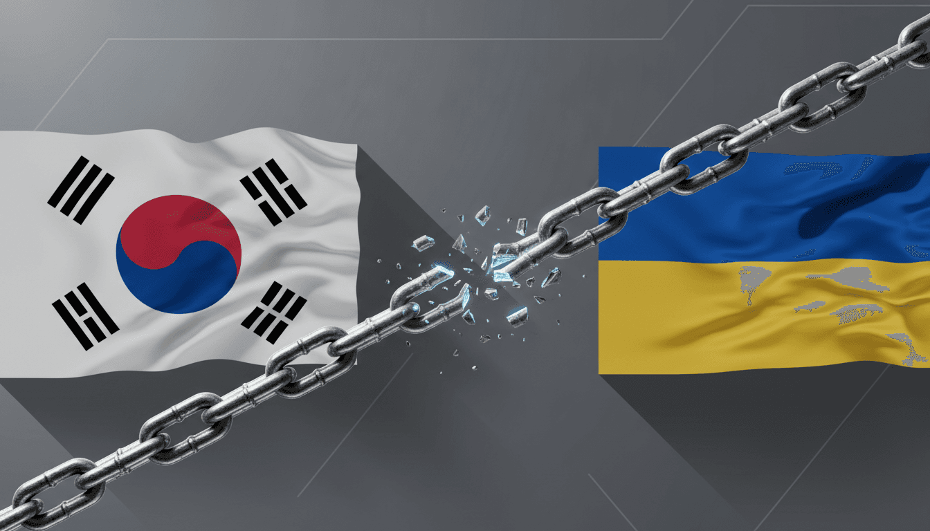 Flags of South Korea and Ukraine with a broken chain symbolizing the breach of trust over POW transfer disclosure.