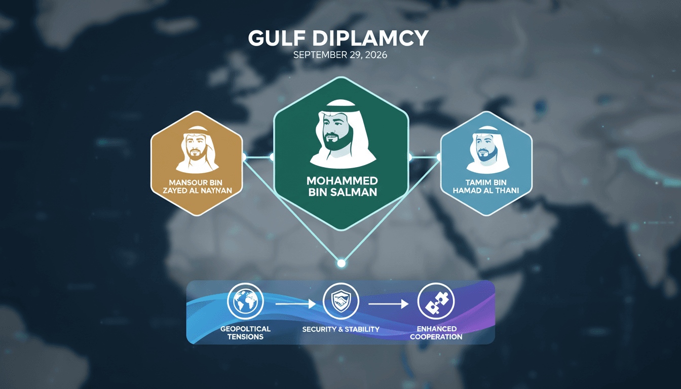 Saudi Crown Prince Mohammed bin Salman in a meeting discussing regional developments with UAE and Qatar leaders.