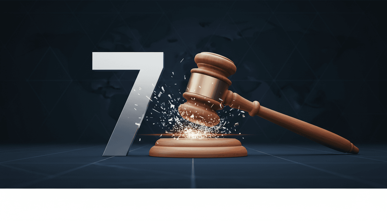 A gavel and the number "7" representing Graeme Dott's seven-year sentence for child sexual abuse.