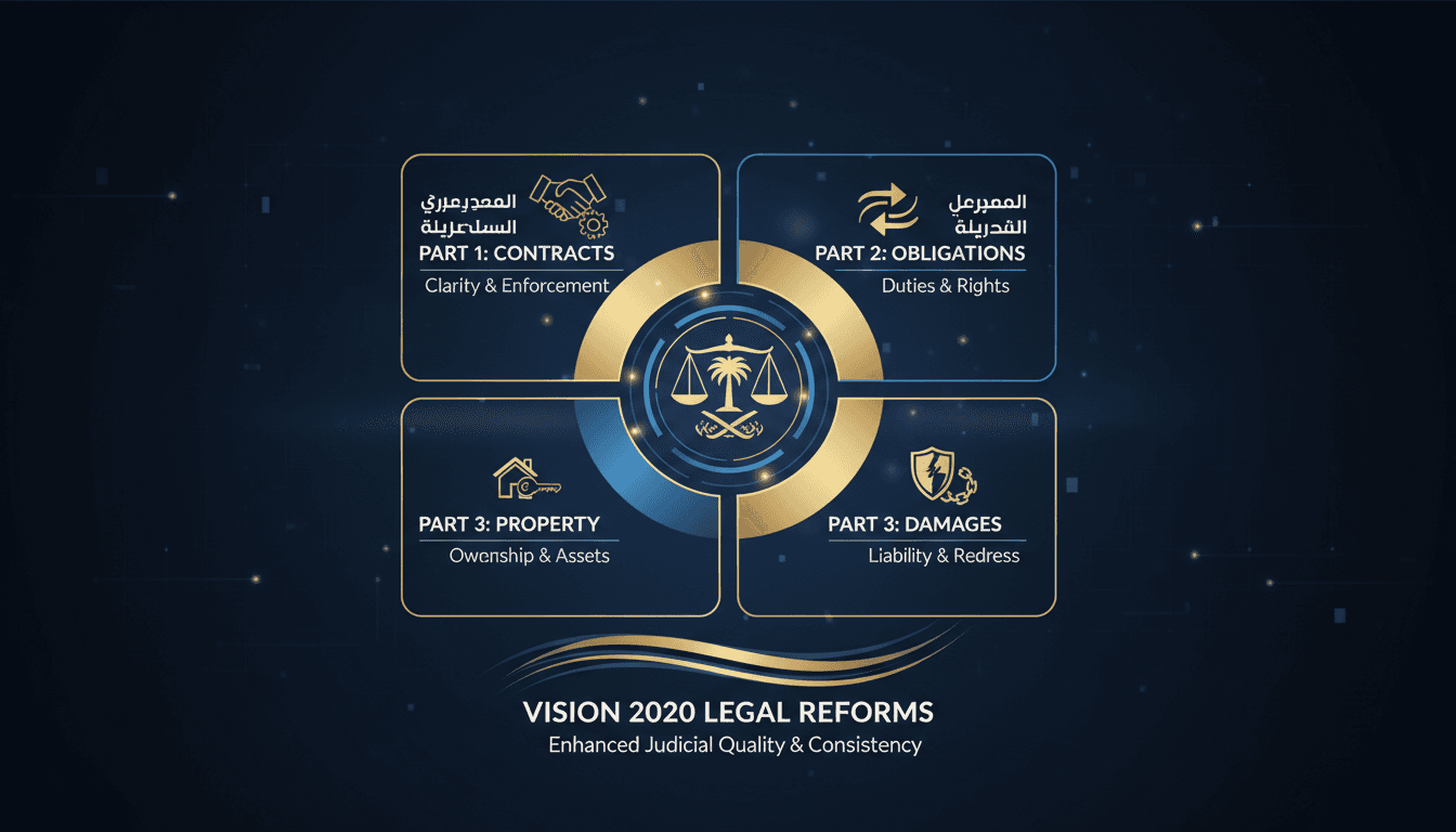 Infographic showing the four parts of Saudi Arabia's Civil Transactions System and its implications for legal practice.