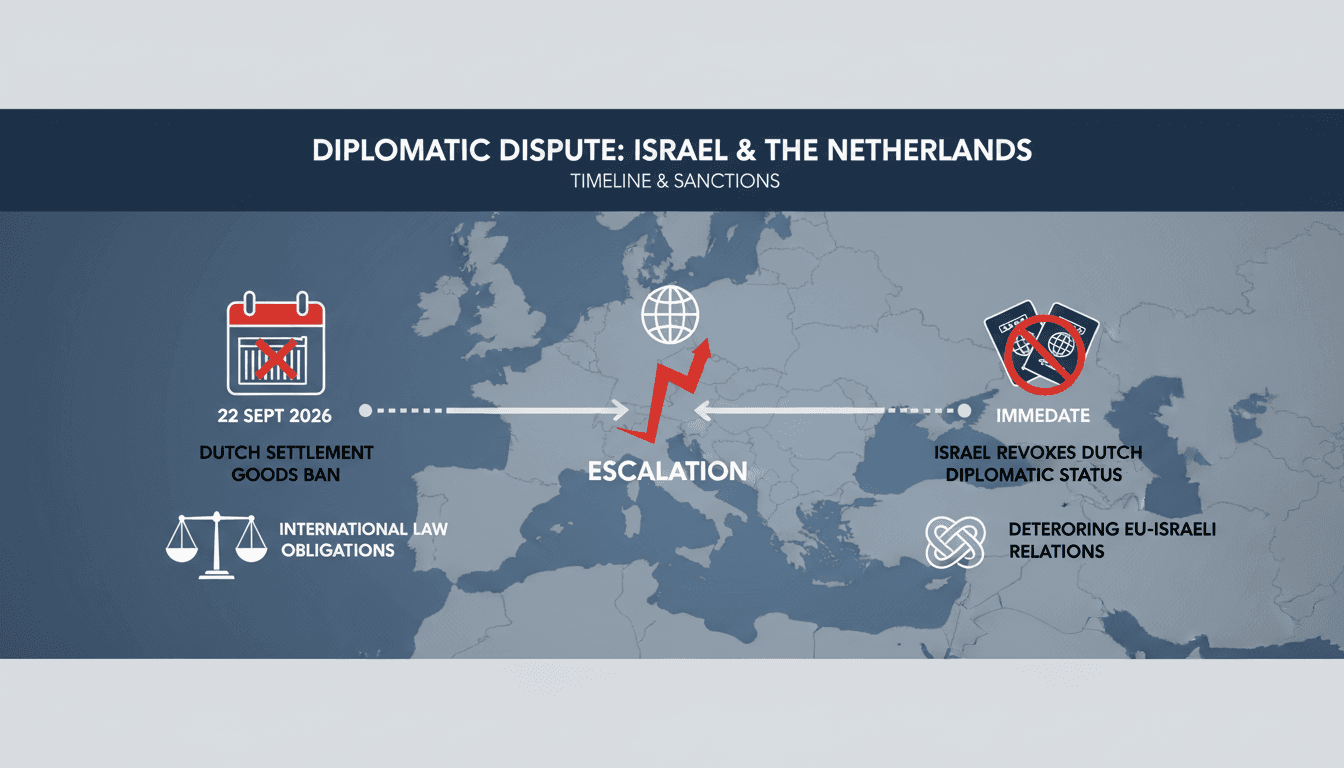 Infographic showing the timeline of Israel's diplomatic actions against the Netherlands over trade sanctions.