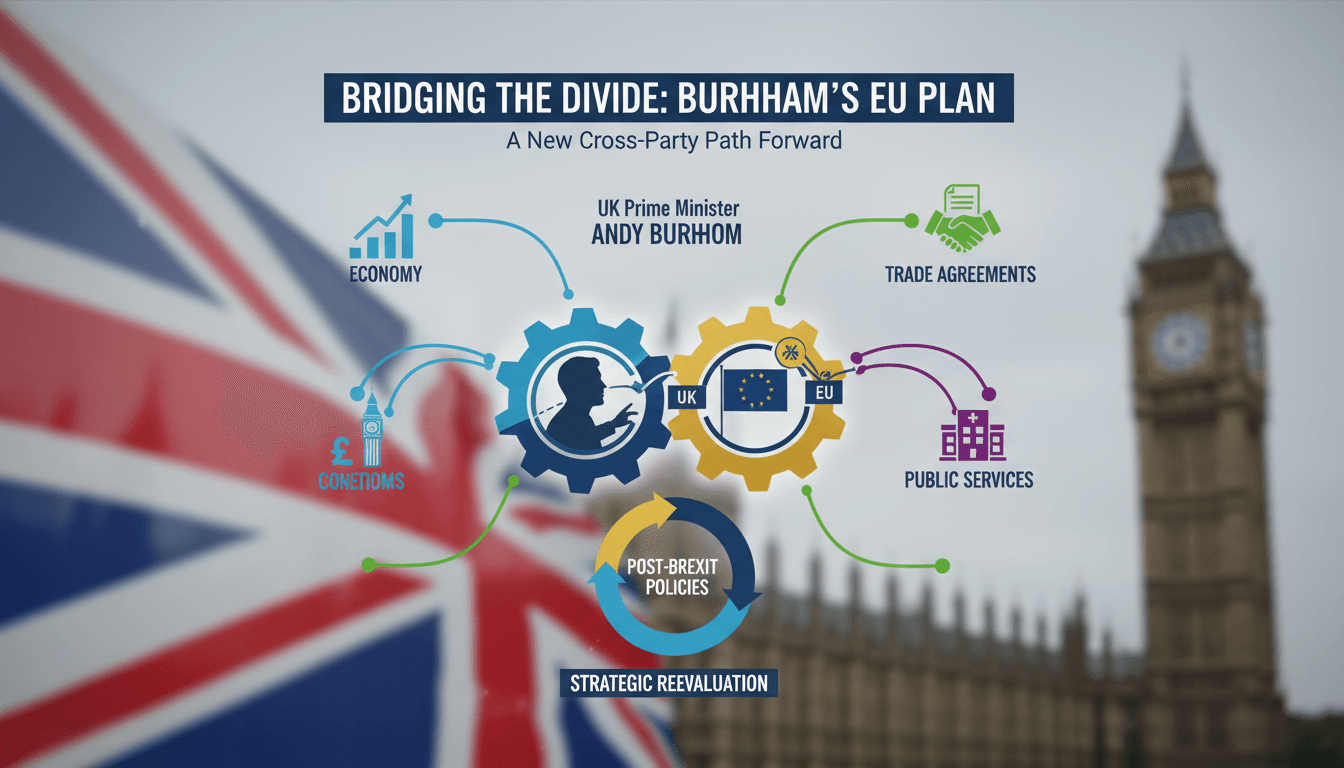 Infographic showing the potential impacts of Andy Burnham's proposals on UK-EU relations and public services.