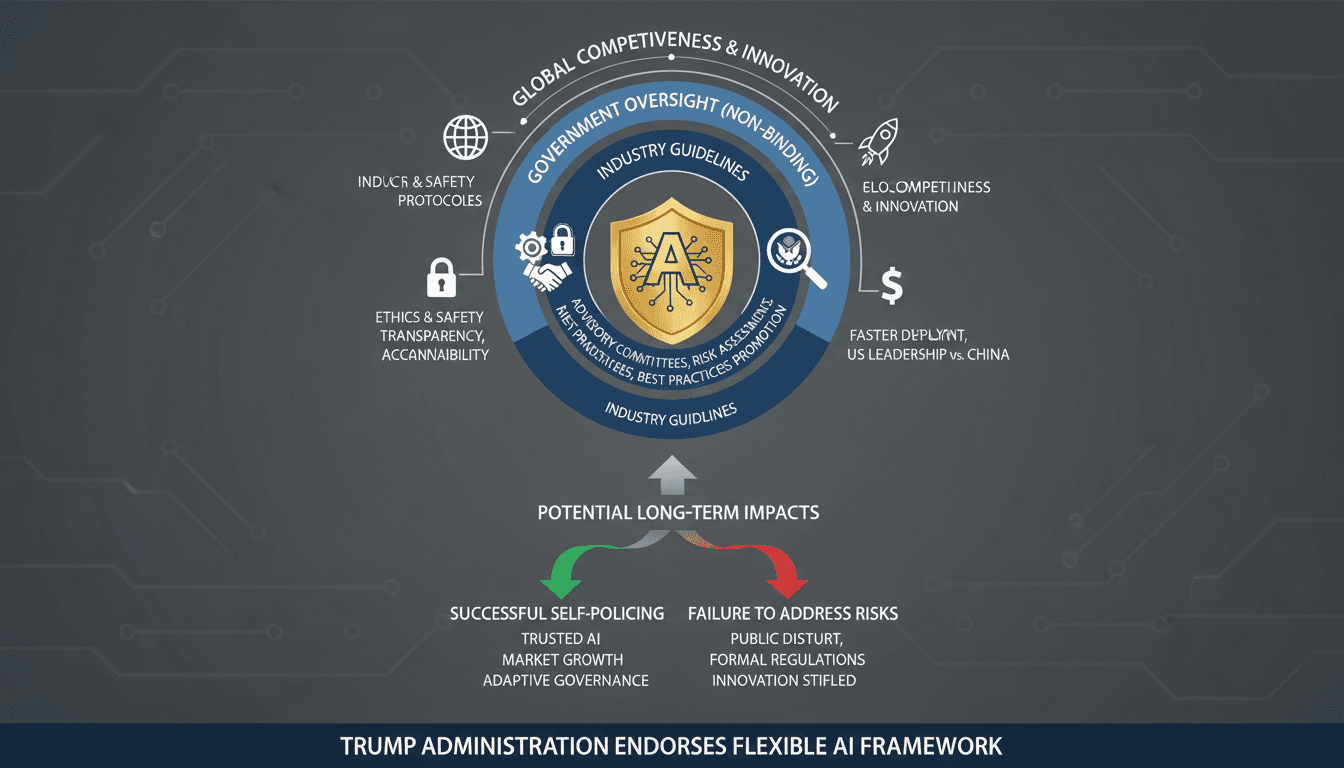 Infographic showing the layers of Trump's AI self-regulation framework and its implications for the tech industry.