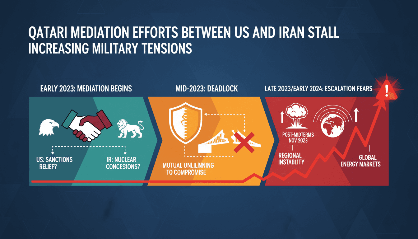 Infographic detailing stalled Qatari mediation efforts between the U.S. and Iran, highlighting potential military escalation.