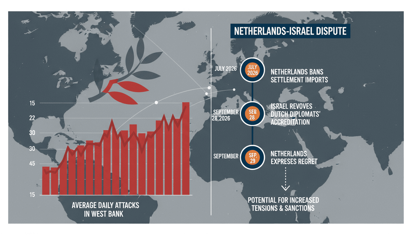 A graphic illustrating the diplomatic tensions between the Netherlands and Israel over settlement trade policies.