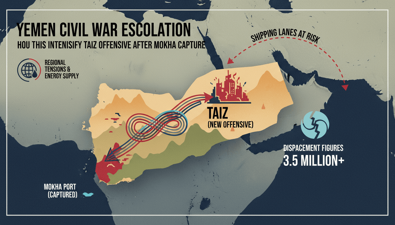Map showing Taiz and Mokha in Yemen, highlighting the conflict's impact on shipping routes.