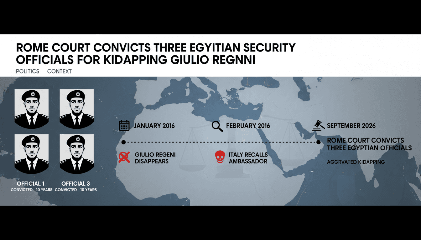 A graphic depicting the three convicted Egyptian officials in the Giulio Regeni kidnapping case.
