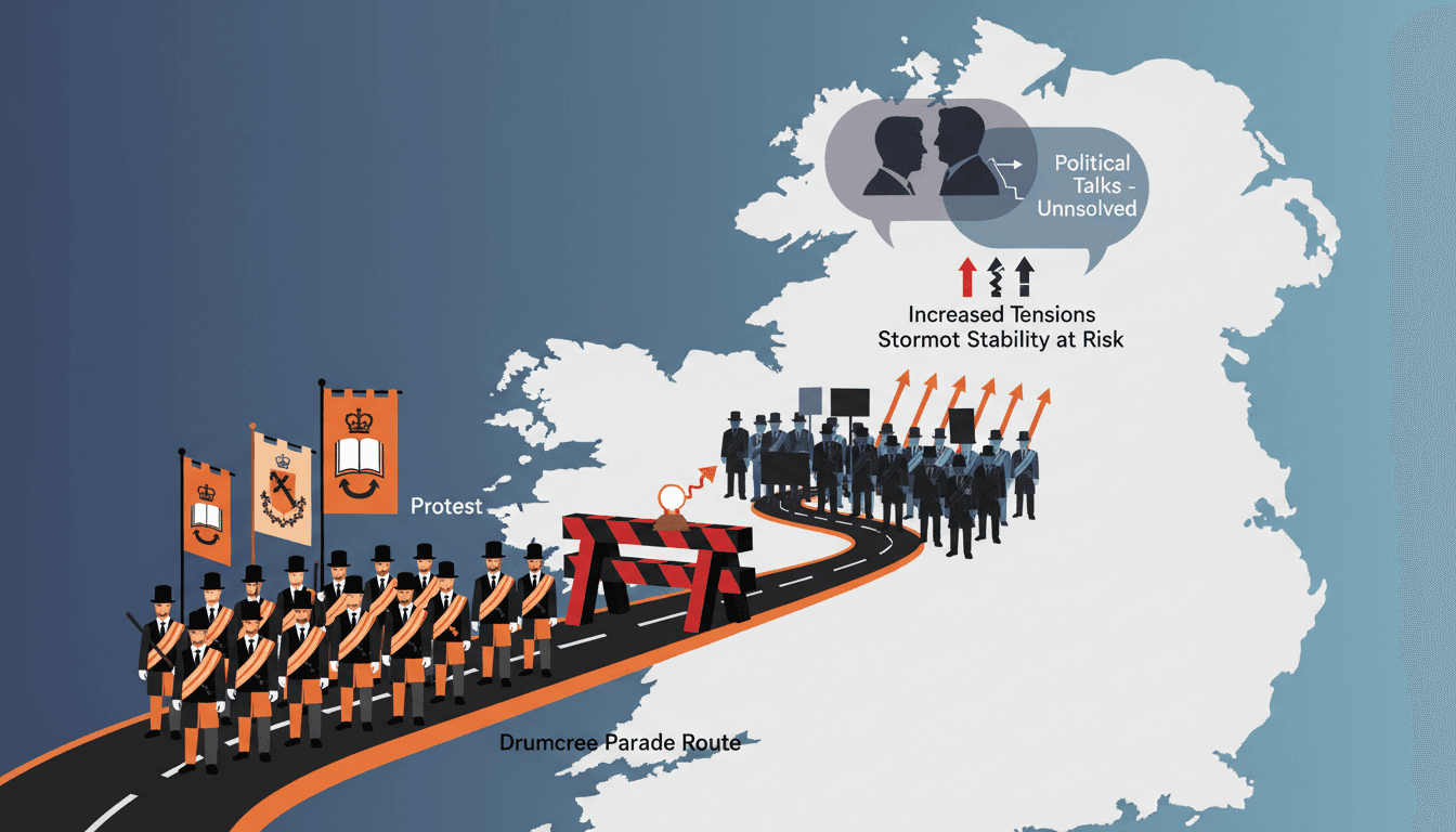 A map showing the Drumcree Orange Order parade route and key locations in Northern Ireland.