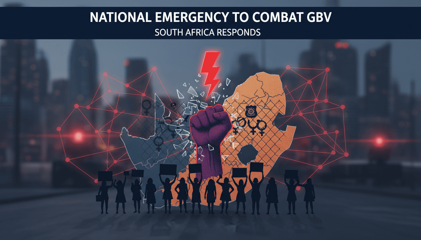 A graphic showing South Africa's emergency measures against gender-based violence, emphasizing women's safety and societal impact.