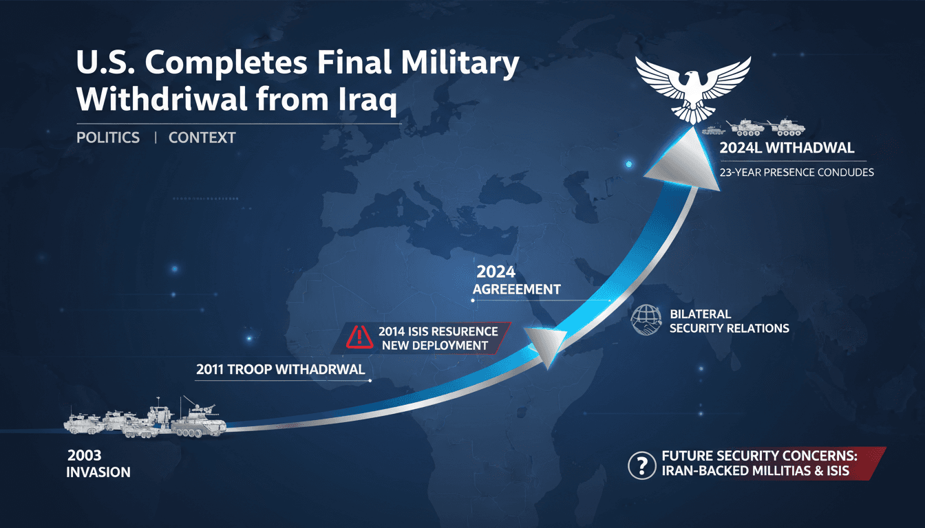 Infographic detailing the timeline of U.S. military involvement in Iraq, ending with the final withdrawal.