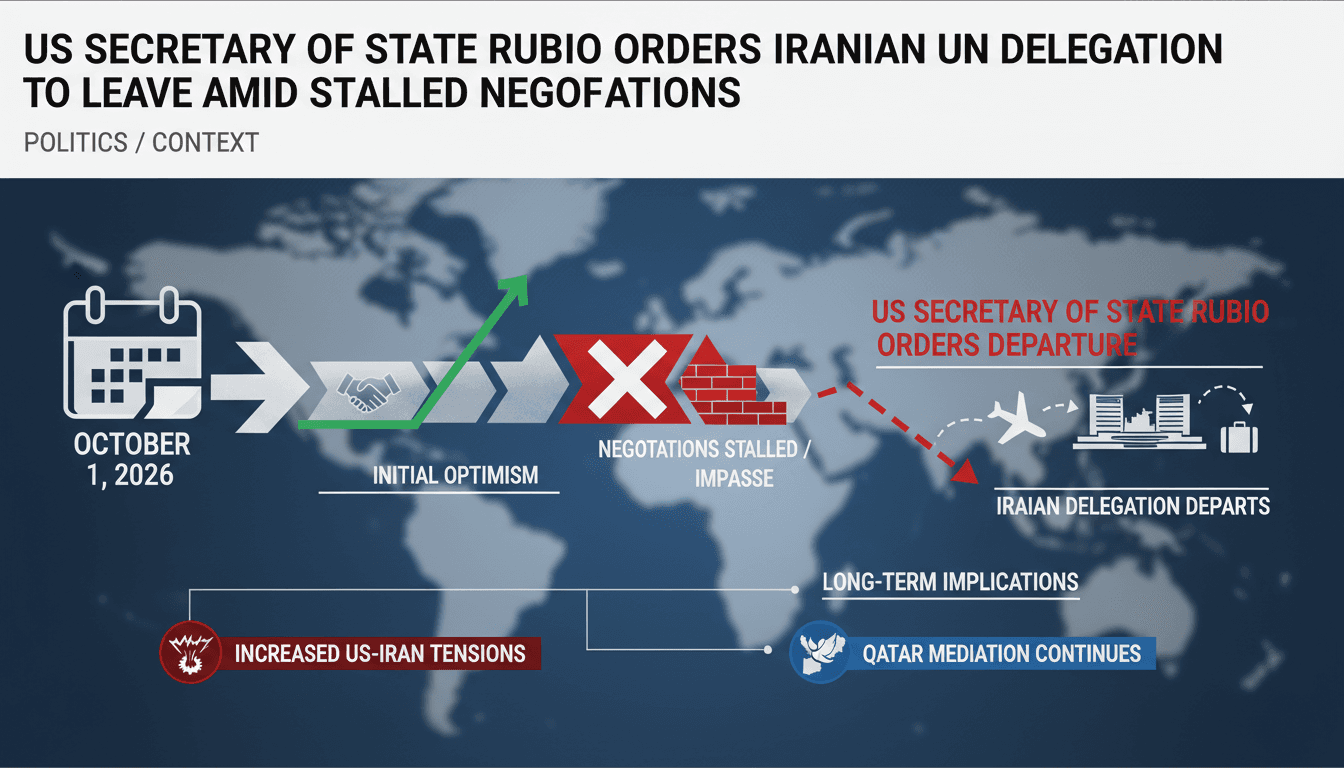 A graphic illustrating the Iranian delegation's departure from the UN amid stalled US-Iran negotiations.