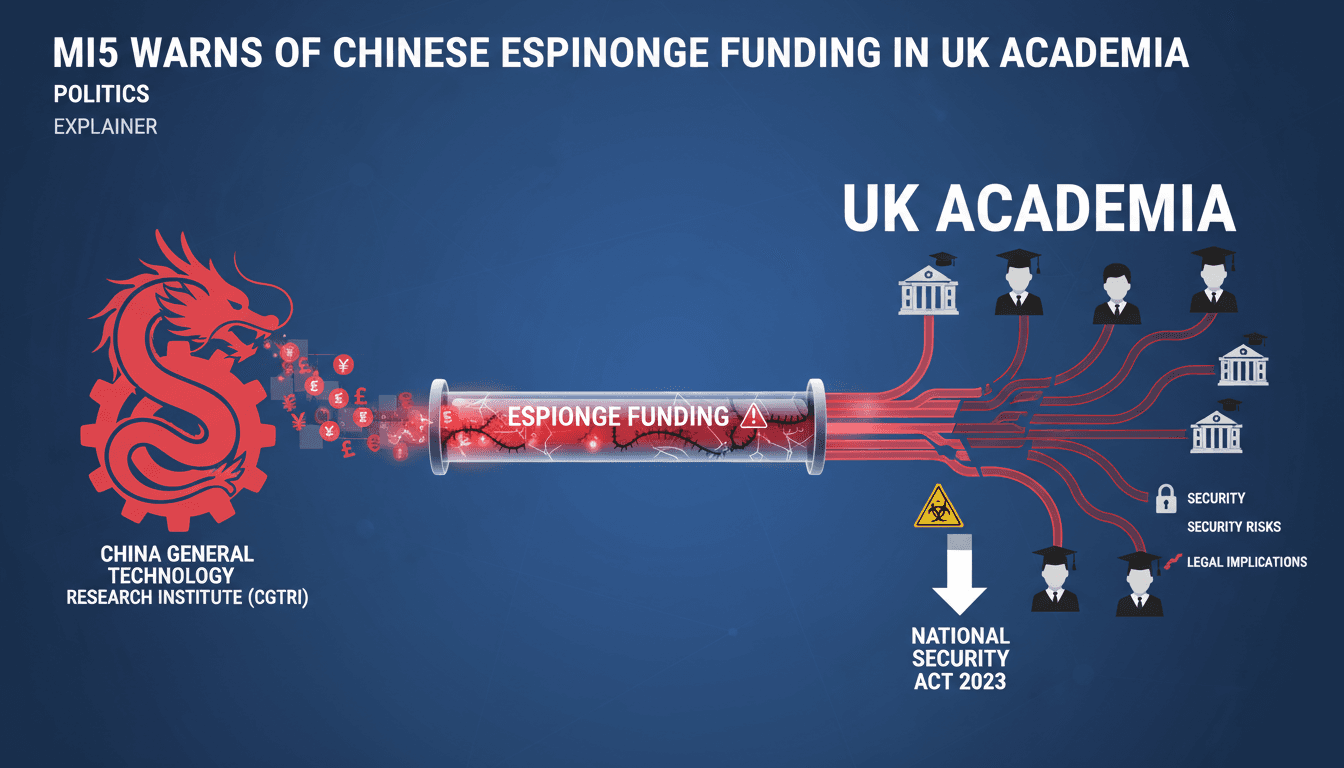 Infographic showing funding flow from CGTRI to UK academics, highlighting espionage risks.